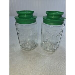 Set Of 2 Vintage Anchor Hocking Glass Canister Jars Green Plastic Lids